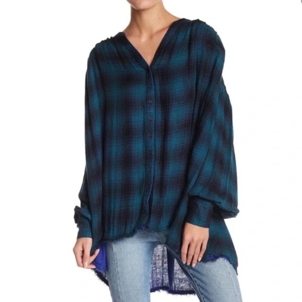 Free People Come On Over Plaid Pleated Button Down Flannal Shirt Size Small Boho - Picture 2 of 7